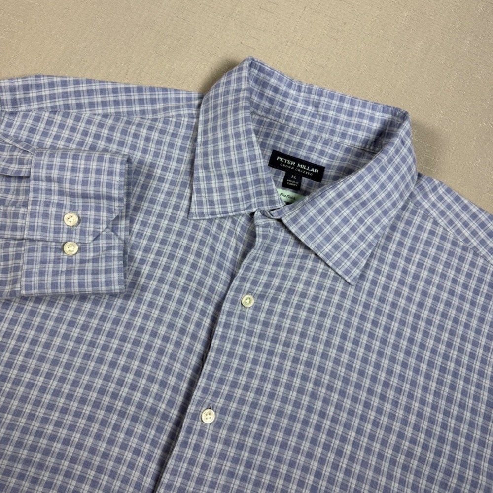 Peter Millar Crown Crafted Flex Finish Plaid Button Up Shirt Mens XL Blue White